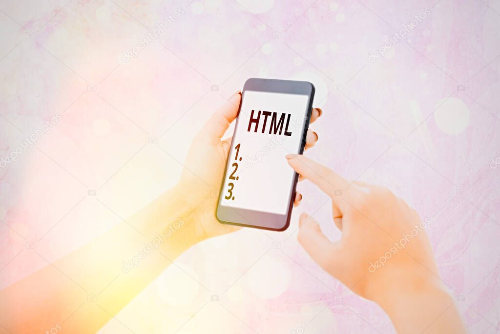 Writing note showing Html. Business photo showcasing the lingua franca for publishing hypertext on the World Wide Web.
