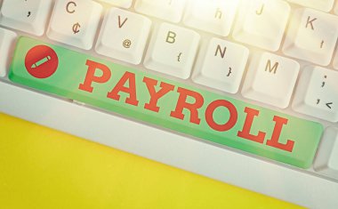 Word metin yazma Bordro. İş kavramı para Şirket toplam tutarı için çalışanlara maaş ödeme öder.