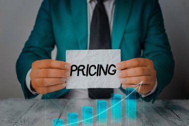 Kelime yazma metni fiyatlandırma. Şirketlerin ürünlerini veya hizmetlerini fiyatlandırmak için kullandıkları yöntem için iş kavramı.