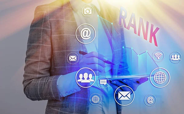 Writing note showing Rank. Business photo showcasing The showing or things that belong to a particular organization or group. — Zdjęcie stockowe