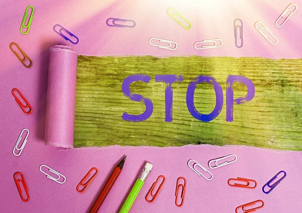 Conceptual hand writing showing Stop. Business photo showcasing Come to an end Prevent Take action to an event from happening. — Stock Photo, Image