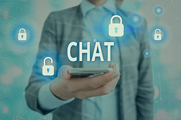 Conceptual hand writing showing Chat. Business photo showcasing take part in a discussion that involves sending messages over internet. — Stock Photo, Image