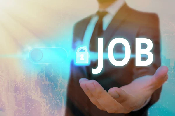 Signo de texto que muestra Job. Foto conceptual Una posición remunerada de empleo regular Trabajo ocasional Tarea . — Foto de Stock