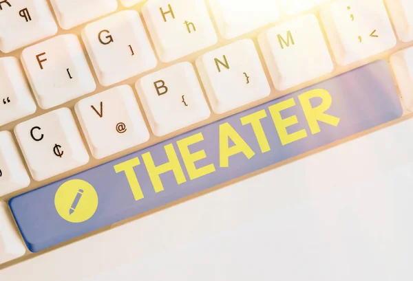 Wortgeschriebenes Texttheater. Business-Konzept für Gebäude oder Außenbereich, in dem Theaterstücke und dramatische Darbietungen. — Stockfoto