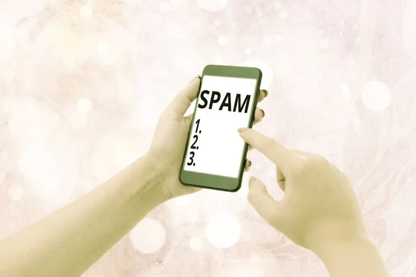 Writing note showing Spam. Business photo showcasing Intrusive advertising Inappropriate messages sent on the Internet.