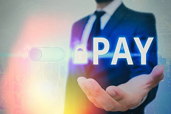 Sinal de texto mostrando Pay. Foto conceitual para dar dinheiro a alguém para algo que você quer comprar ou para serviços . — Fotografia de Stock
