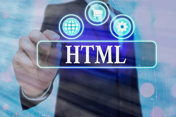 Notatka z Html. Biznesowe zdjęcie pokazujące lingua franca do publikowania hipertekstu w sieci World Wide Web. — Zdjęcie stockowe