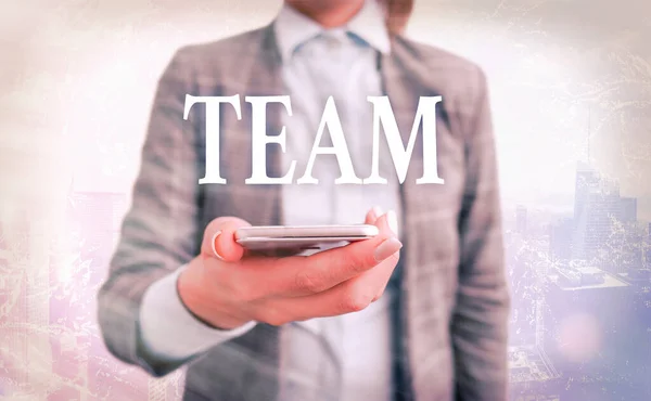 Conceptual hand writing showing Team. Business photo showcasing Group of showing working together Classed and share certain beliefs. — Stockfoto