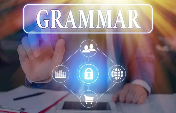 Text sign showing Grammar. Conceptual photo whole system and structure of a language or of languages in general. — Stock Photo, Image