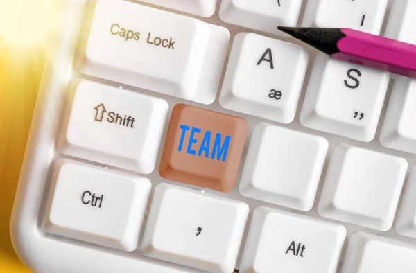 Writing note showing Team. Business photo showcasing Group of showing working together Classed and share certain beliefs. — Stockfoto
