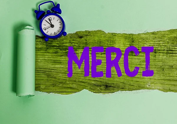Textskylt som visar Merci. Konceptuell bild vad som sägs eller svar när någon hjälper dig i Frankrike Tack. — Stockfoto