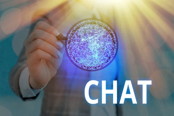 Writing note showing Chat. Business photo showcasing take part in a discussion that involves sending messages over internet Elements of this image furnished by NASA. — Stock Photo, Image