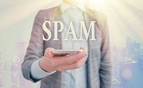 Conceptual hand writing showing Spam. Business photo showcasing Intrusive advertising Inappropriate messages sent on the Internet.
