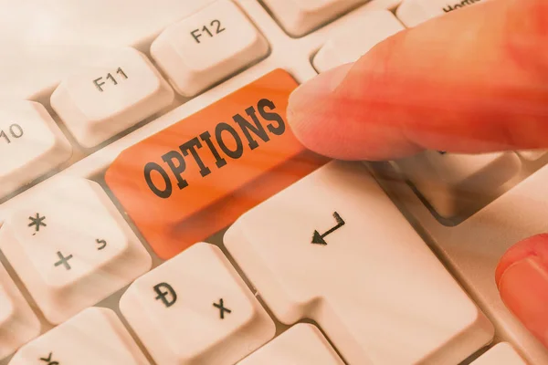 Texto de escrita de palavras Opções. Conceito de negócio para a oportunidade ou capacidade de escolher algo ou escolher . — Fotografia de Stock