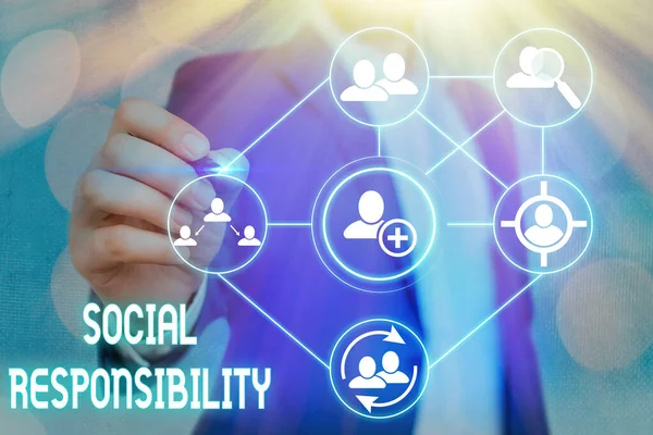 Szövegírás Társadalmi felelősségvállalás. Üzleti koncepció a társadalmi egyensúly életbeli előnyére vonatkozó kötelezettség tekintetében. — Stock Fotó