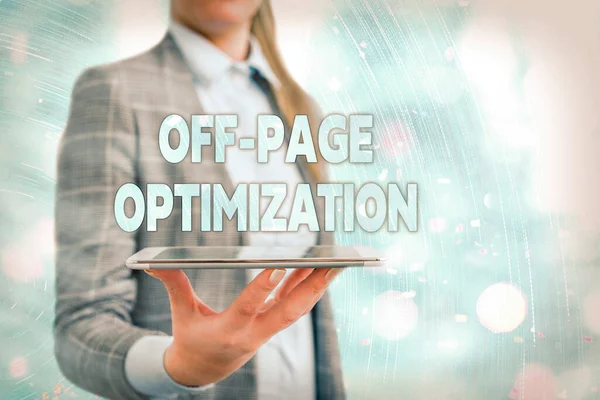 Conceptual hand writing showing Off Page Optimization. Business photo showcasing Website External Process Promotional Method Ranking. — Stock Photo, Image