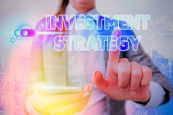 Ordskrivning text Investeringsstrategi. Affärsidé för uppsättningen regler procedurer Beteenden en guide till en investerare. — Stockfoto