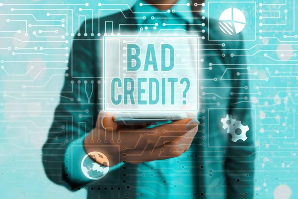Εννοιολογική γραφή χέρι δείχνει Bad Credit Ερώτηση. Επαγγελματική φωτογραφία που δείχνει το ιστορικό όταν δείχνει ότι ο δανειολήπτης έχει υψηλό κίνδυνο. — Φωτογραφία Αρχείου