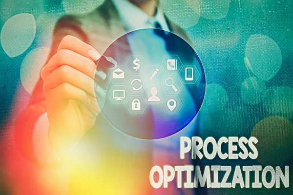 Nota de escritura que muestra la optimización del proceso. Exhibición de fotos de negocios Mejorar la eficiencia de las organizaciones Maximizar el rendimiento . — Foto de Stock