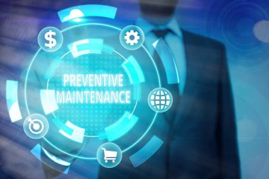 Conceptual hand writing showing Preventive Maintenance. Business photo text Avoid Breakdown done while machine still working. clipart