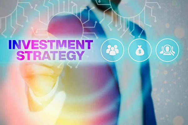 Kézírás szöveg Befektetési stratégia. Koncepció jelentése Szabályok halmaza Eljárások Viselkedés útmutató egy befektetőnek. — Stock Fotó