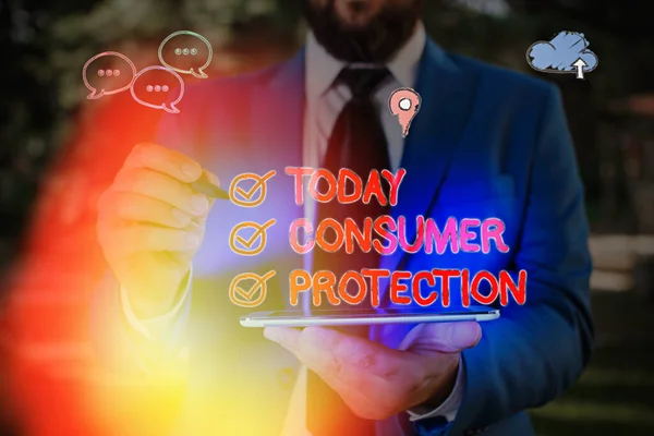 Szövegírás Fogyasztóvédelem. A tisztességes kereskedelemre vonatkozó jogszabályok üzleti koncepciója a fogyasztók jogainak védelme érdekében. — Stock Fotó
