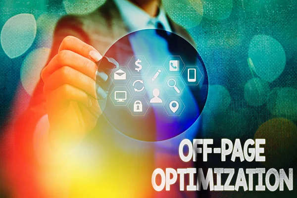 Schrijfnotitie met Off Page Optimization. Bedrijfsfoto presentatie Website Externe procespromotie Methode Ranking. — Stockfoto