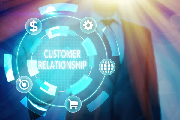Εννοιολογική γραφή στο χέρι που δείχνει τη Σχέση Πελατών. Business photo text Deal and Interaction μεταξύ Εταιρίας και Καταναλωτών. — Φωτογραφία Αρχείου