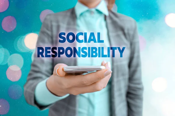 社会的責任を示す概念的な手書き。社会的利益のための義務を紹介するビジネス写真. — ストック写真