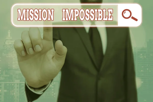 Writing note showing Mission Impossible. Business photo showcasing Difficult Dangerous Assignment Isolated Unimaginable Task. — Stock Photo, Image