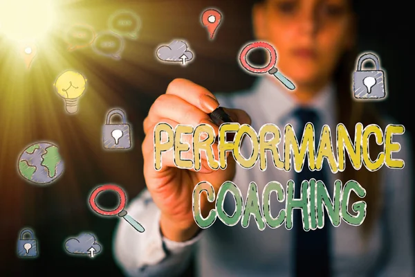 Handschrifttekst Performance Coaching. Concept betekent Vergemakkelijken van de ontwikkeling Wijs op het goede en het slechte. — Stockfoto