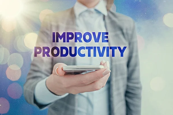 Scrittura a mano concettuale che mostra Migliorare la produttività. La vetrina fotografica aziendale migliora la qualità del tempo e delle prestazioni di input . — Foto Stock