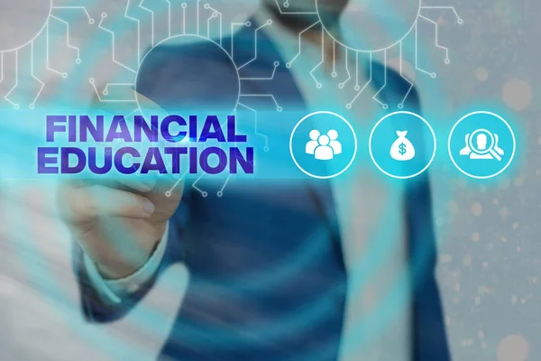 El yazısı dersi Finansal Eğitim. Kavram, Finans ve Yatırım gibi parasal alanları anlamak anlamına gelir. — Stok fotoğraf