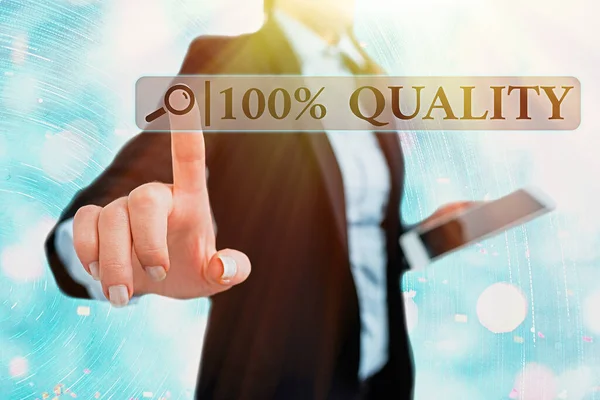 Writing note showing 100 Percent Quality. Business photo showcasing Guaranteed pure and no harmful chemicals Top Excellence. — Stock Photo, Image