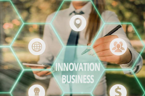 Writing note showing Innovation Business. Business photo showcasing Introduce New Ideas Workflows Methodology Services. — Stock Photo, Image