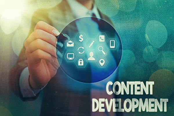 Writing note showing Content Development. Business photo showcasing Specialized in Graphic Design Multimedia Documentation. — Stock Photo, Image