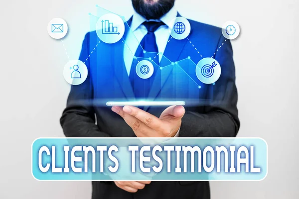 Writing note showing Clients Testimonial. Business photo showcasing Formal Statement Testifying Candid Endorsement by Others. — Stock Photo, Image