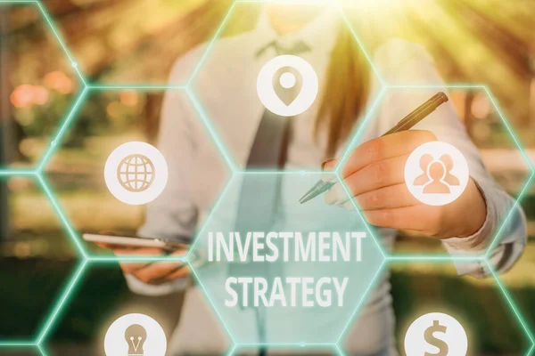 Writing note showing Investment Strategy. Business photo showcasing Set of Rules Procedures Behavior a Guide to an Investor. — Stock Photo, Image