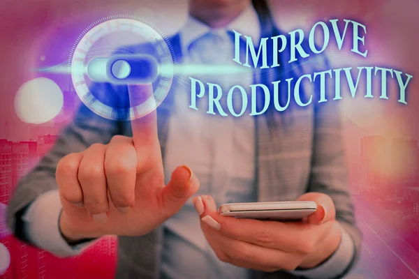 Note d'écriture montrant Améliorer la productivité. Photo d'affaires mettant en valeur l'amélioration de la qualité du temps et de la performance d'entrée . — Photo