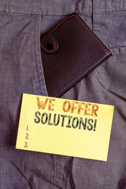 Çözümleri Teklif Ettiğimizi gösteren bir not yazıyorum. İş fotoğraflarının sergilenmesi yardım önerisi uzmanların tavsiye stratejileri fikirleri pantolonunun ön cebindeki notlama kağıdının yanındaki küçük cüzdan.