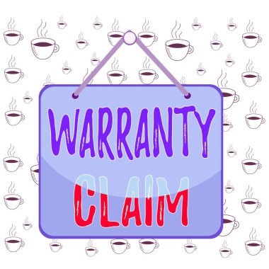 Garanti talebini gösteren bir not yazıyorum. İş fotoğrafı gösterimi Değiştirme veya onarım veya tazminat Memo anımsatıcı boş tahtası eklenmiş arka plan dikdörtgeninin hakkı.