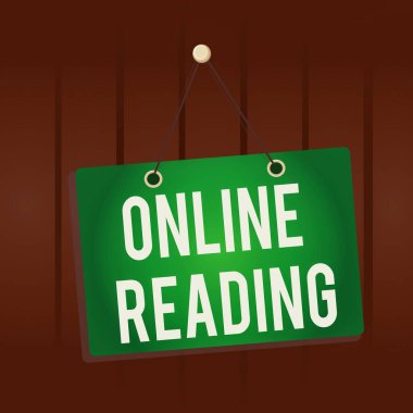 Online Reading 'i gösteren bir not yazıyorum. Anımsatıcı boş tahtayı dijital formatta hatırlatan bir arkaplan dikdörtgeninde iş fotoğrafı görüntüleme süreci.