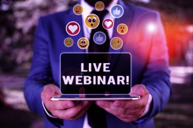 El yazısı metin Live Webinar. Web üzerinden aktarılan kavram anlamı sunum ders veya seminer.
