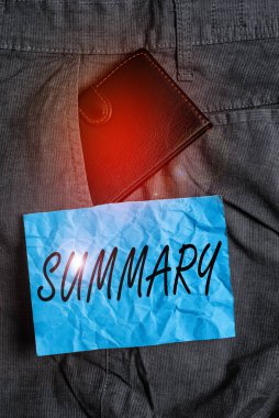 Özeti gösteren metin işareti. Kavramsal fotoğraf, bir şeyin ana noktalarının özeti ya da özeti. İnsan pantolonunun içindeki küçük cüzdan, not kağıdının yanındaki ön cebinde..