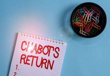 Chabot S 'in dönüşünü gösteren kavramsal el yazısı. İş fotoğrafı metni, sohbetin geri dönüşünü işitsel ya da metinsel yöntemle Pastel renk arkaplanının üzerine yerleştirilmiş boş not defteri ve sabit metni.