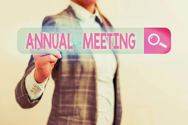 Conceptual hand writing showing Annual Meeting. Business photo text a meeting of the general membership of an organization.
