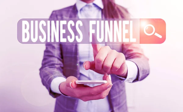 Writing note showing Business Funnel. Business photo showcasing purchasing process that businesses lead their customers Business concept with mobile phone and business woman.