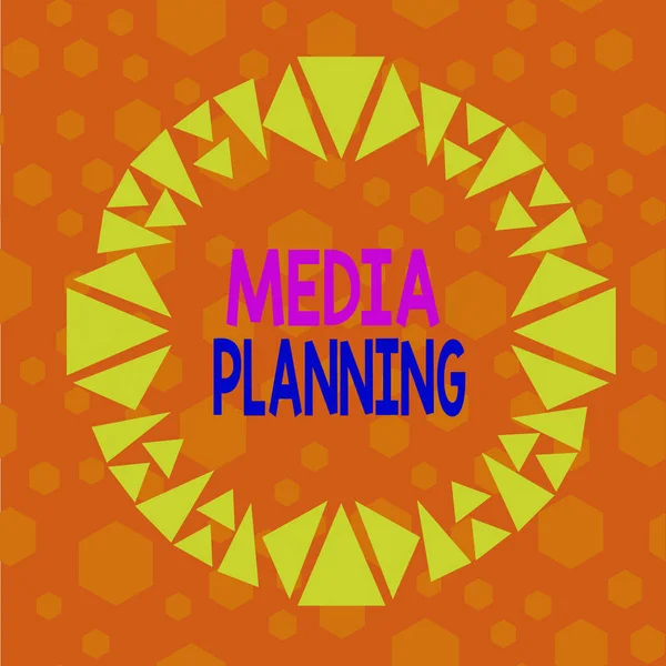 Text sign showing Media Planning. Conceptual photo the process of identifying and selecting media outlets Asymmetrical uneven shaped format pattern object outline multicolour design.