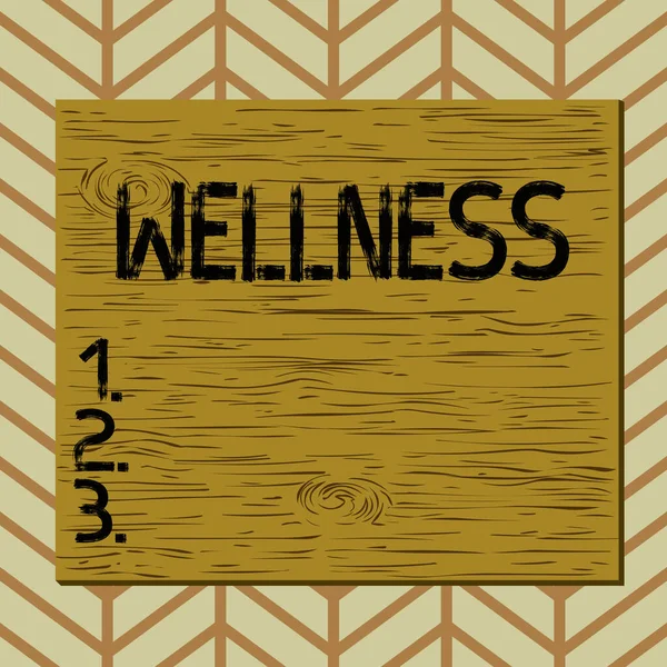 Writing note showing Wellness. Business photo showcasing state of being in good health especially as actively pursued goal Square rectangle unreal cartoon wood on the coloured wall. — Stock Photo, Image