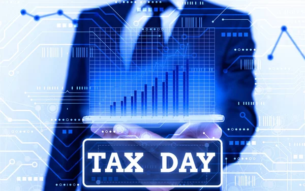Escritura manual conceptual que muestra el Día del Impuesto. Texto de la foto de negocios término coloquial para el tiempo en el que las declaraciones de impuestos individuales . — Foto de Stock